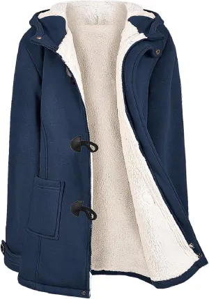Womens Sherpa Lined Coats Winter Warm Fashion Horn Button Fleece Thicken Hooded Casual Jackets Long Sleeve Outerwear
