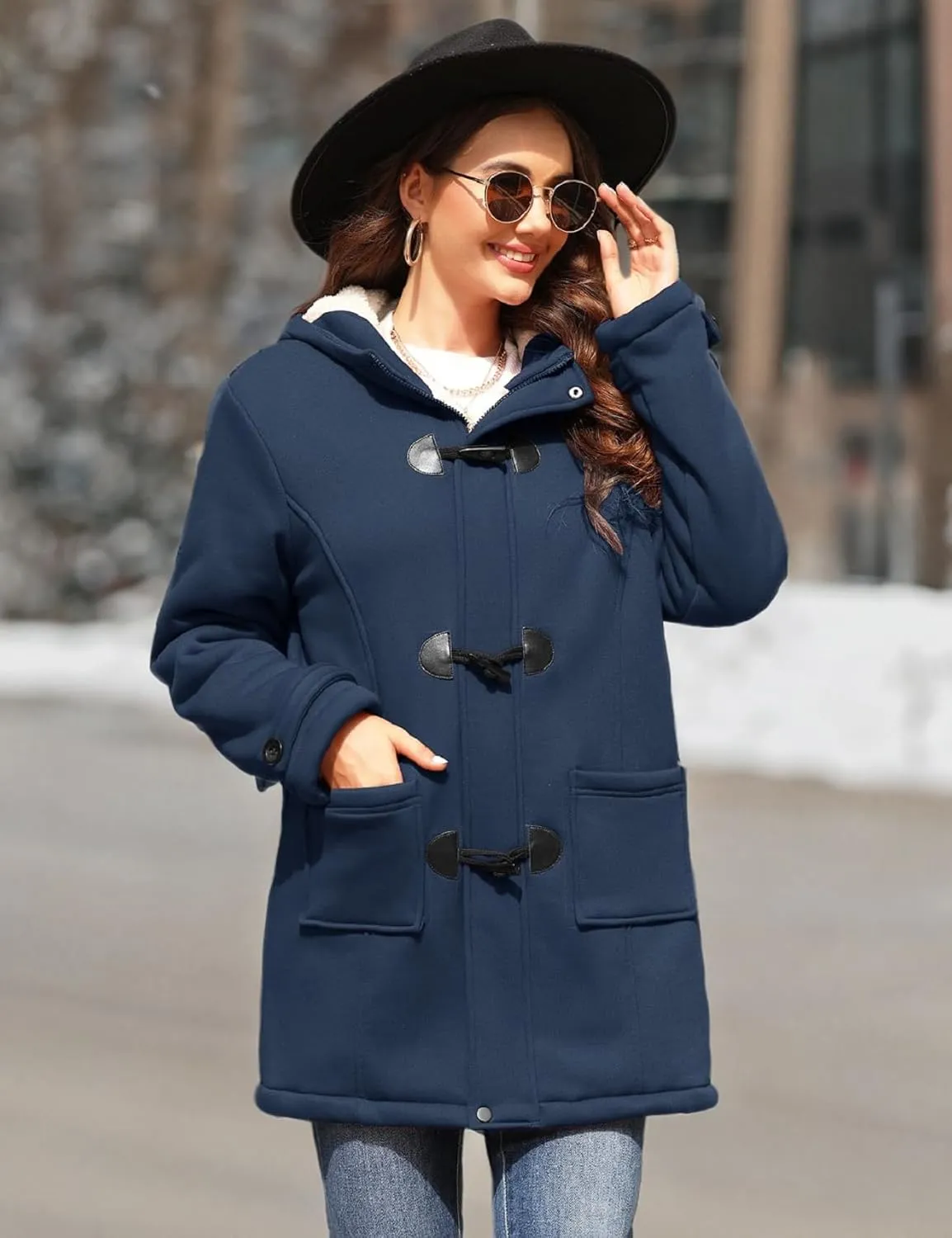 Womens Sherpa Lined Coats Winter Warm Fashion Horn Button Fleece Thicken Hooded Casual Jackets Long Sleeve Outerwear