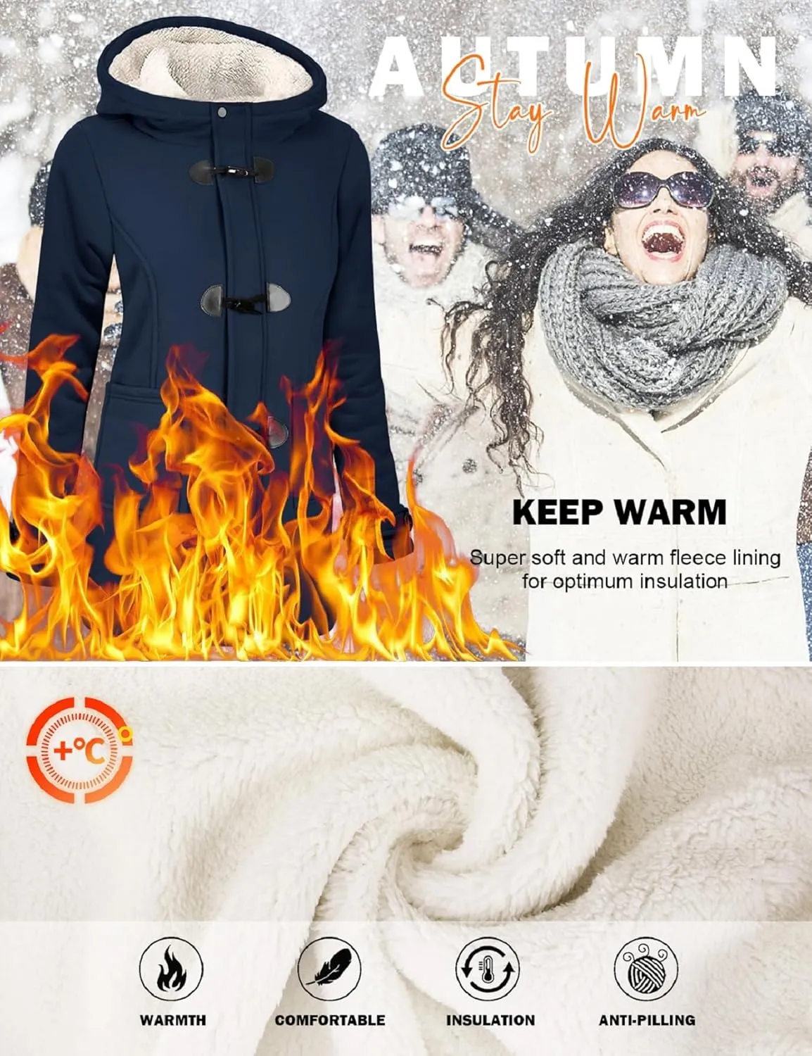 Womens Sherpa Lined Coats Winter Warm Fashion Horn Button Fleece Thicken Hooded Casual Jackets Long Sleeve Outerwear