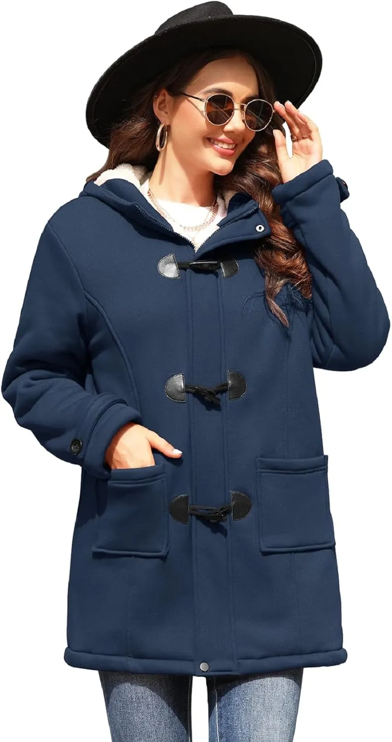 Womens Sherpa Lined Coats Winter Warm Fashion Horn Button Fleece Thicken Hooded Casual Jackets Long Sleeve Outerwear