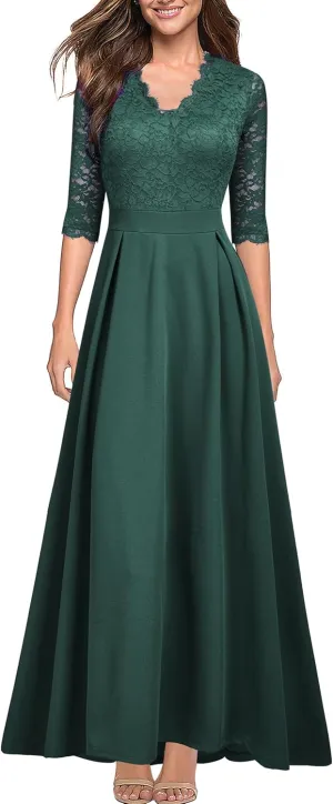 Women's V Neck Lace Vintage Formal Bridesmaid Wedding Long Dress