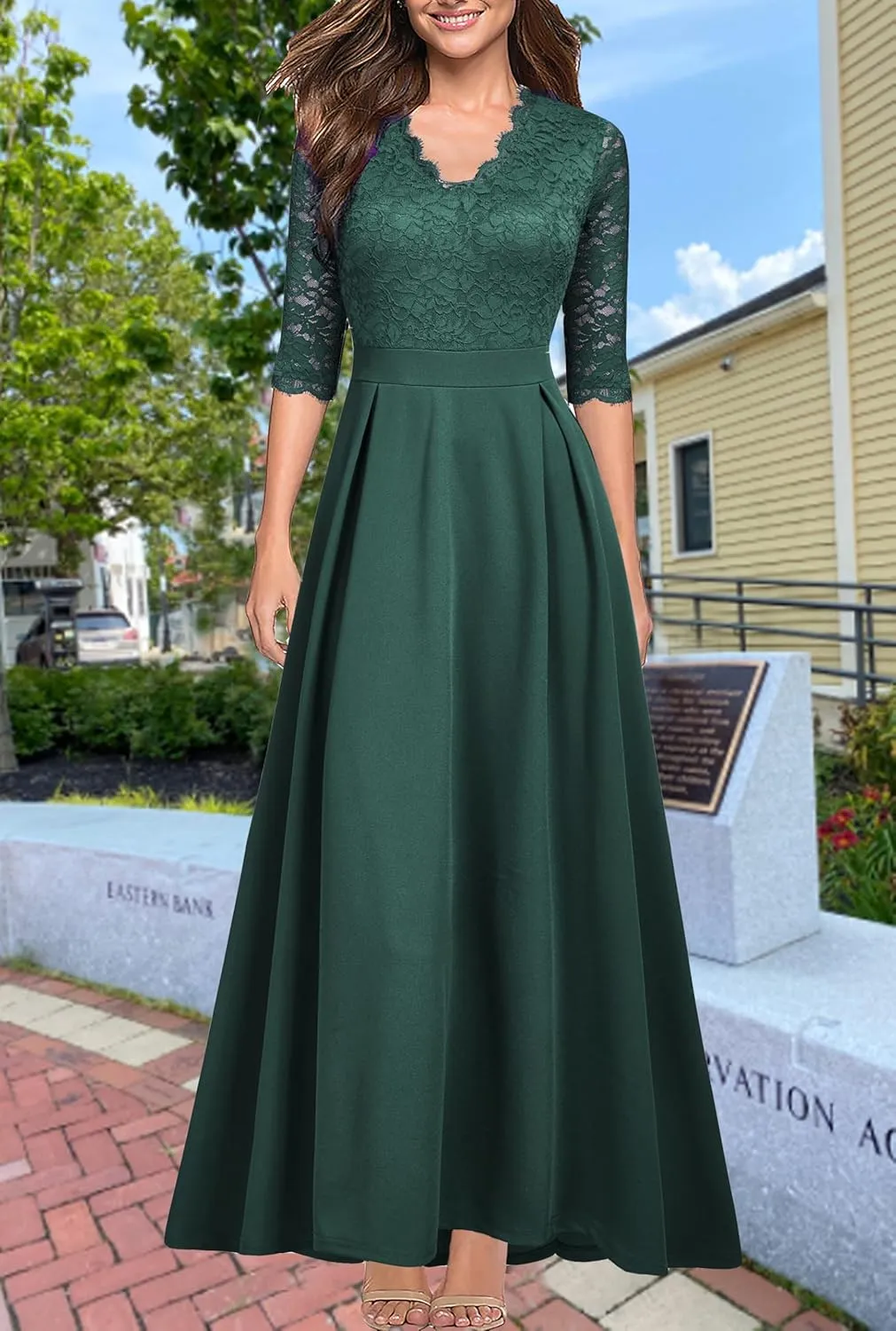 Women's V Neck Lace Vintage Formal Bridesmaid Wedding Long Dress