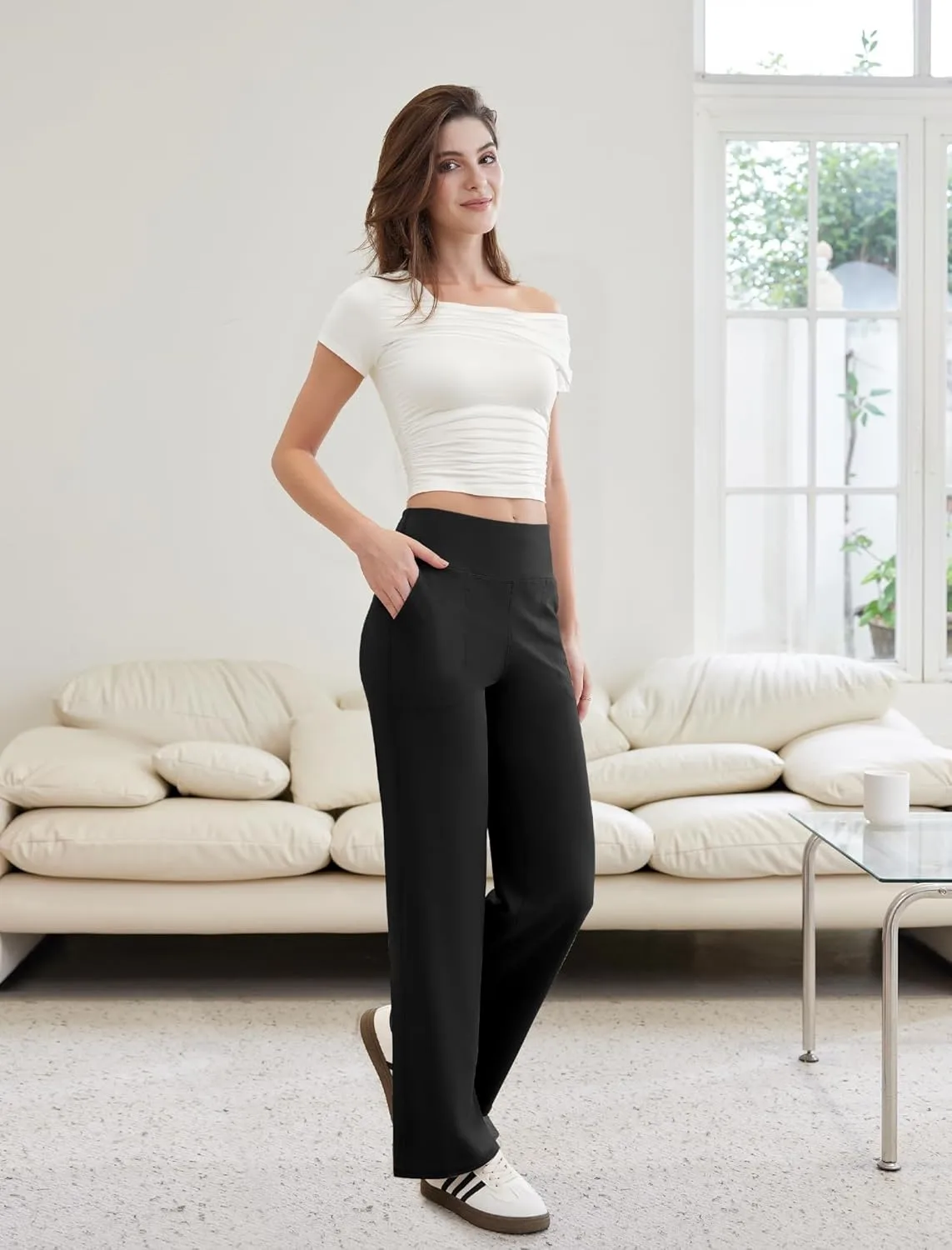 Womens Yoga Pants Wide Leg Work Dress Pants with Pockets Casual Lounge Trousers Elastic Waist Sweatpants