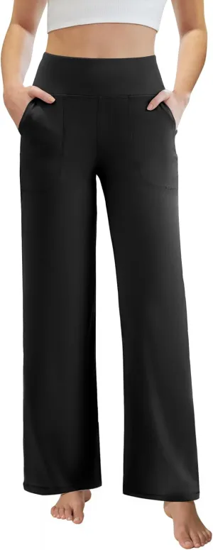 Womens Yoga Pants Wide Leg Work Dress Pants with Pockets Casual Lounge Trousers Elastic Waist Sweatpants