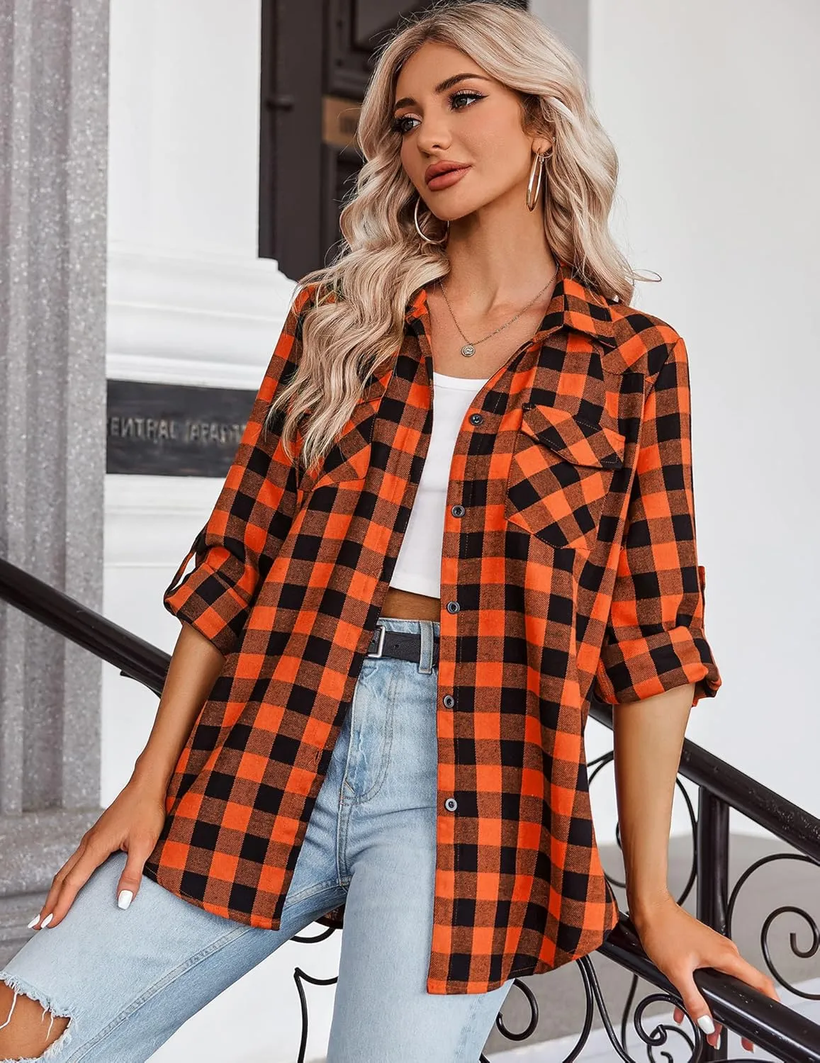 Zeagoo Womens Flannel Shirts Long/Roll Up Sleeve Collared Button Down Plaid Shirt Casual Work Tops