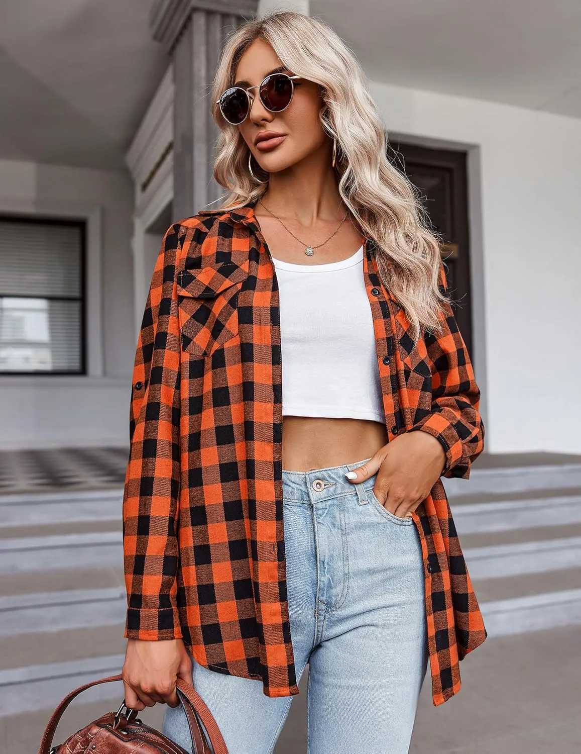 Zeagoo Womens Flannel Shirts Long/Roll Up Sleeve Collared Button Down Plaid Shirt Casual Work Tops
