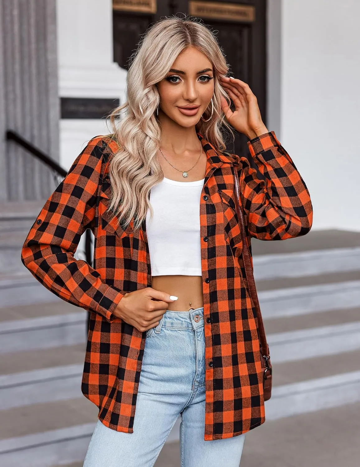 Zeagoo Womens Flannel Shirts Long/Roll Up Sleeve Collared Button Down Plaid Shirt Casual Work Tops