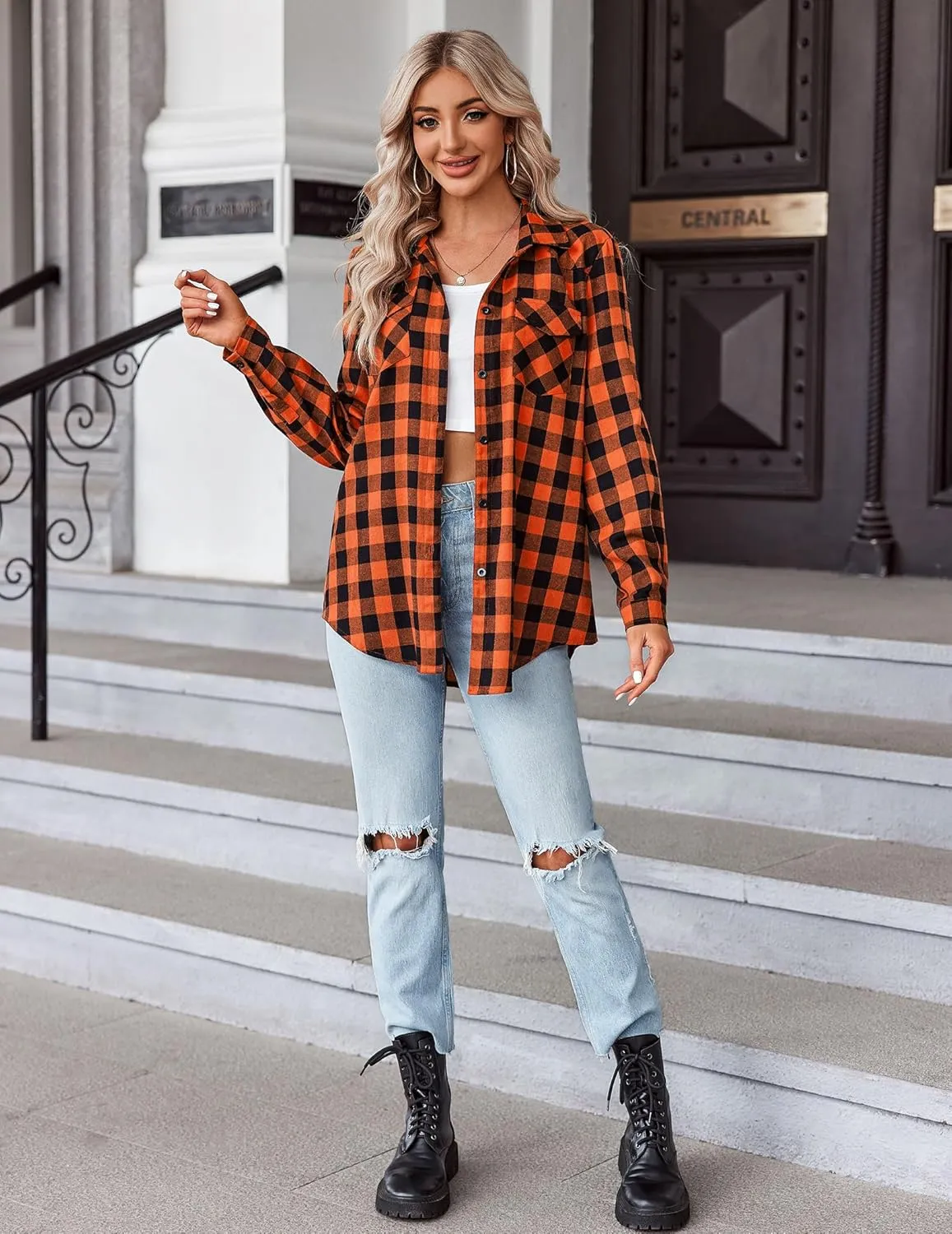 Zeagoo Womens Flannel Shirts Long/Roll Up Sleeve Collared Button Down Plaid Shirt Casual Work Tops